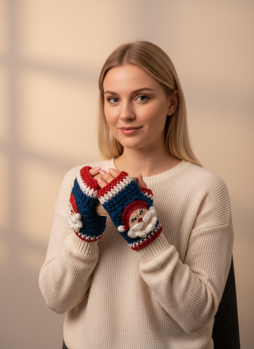 El Örgüsü Yılbaşı Temalı Kadın Eldiven – Santa Claus Figürlü Kışlık Parmaksız Model