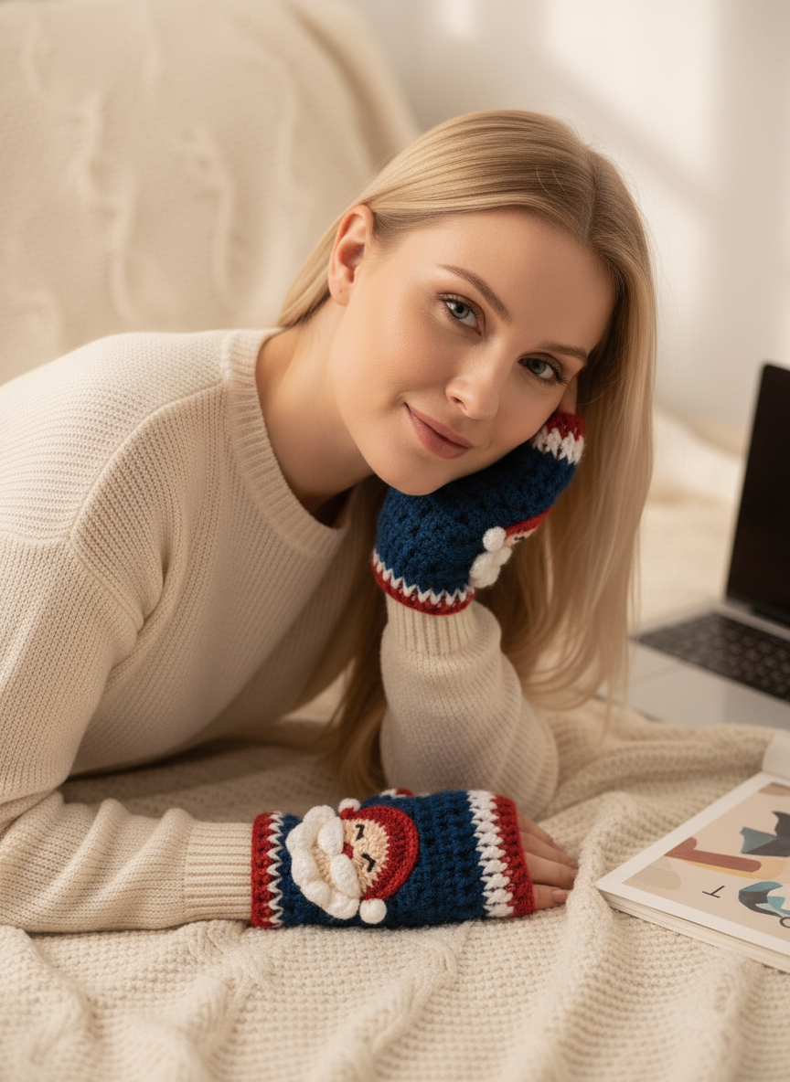 El Örgüsü Yılbaşı Temalı Kadın Eldiven – Santa Claus Figürlü Kışlık Parmaksız Model