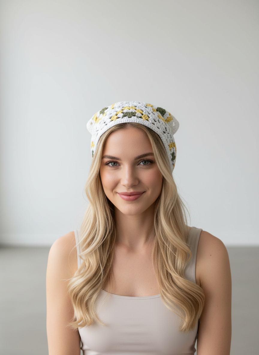 El Örgüsü  Bandana – Beyaz & Sarı Granny Kare Desenli