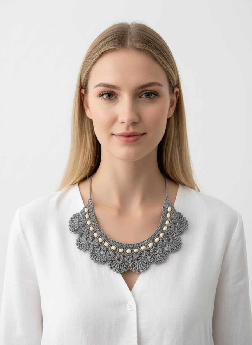 Boho Shell El Örgüsü Kolye – Gri Dantel Örgü & İnci Detaylı Aksesuar