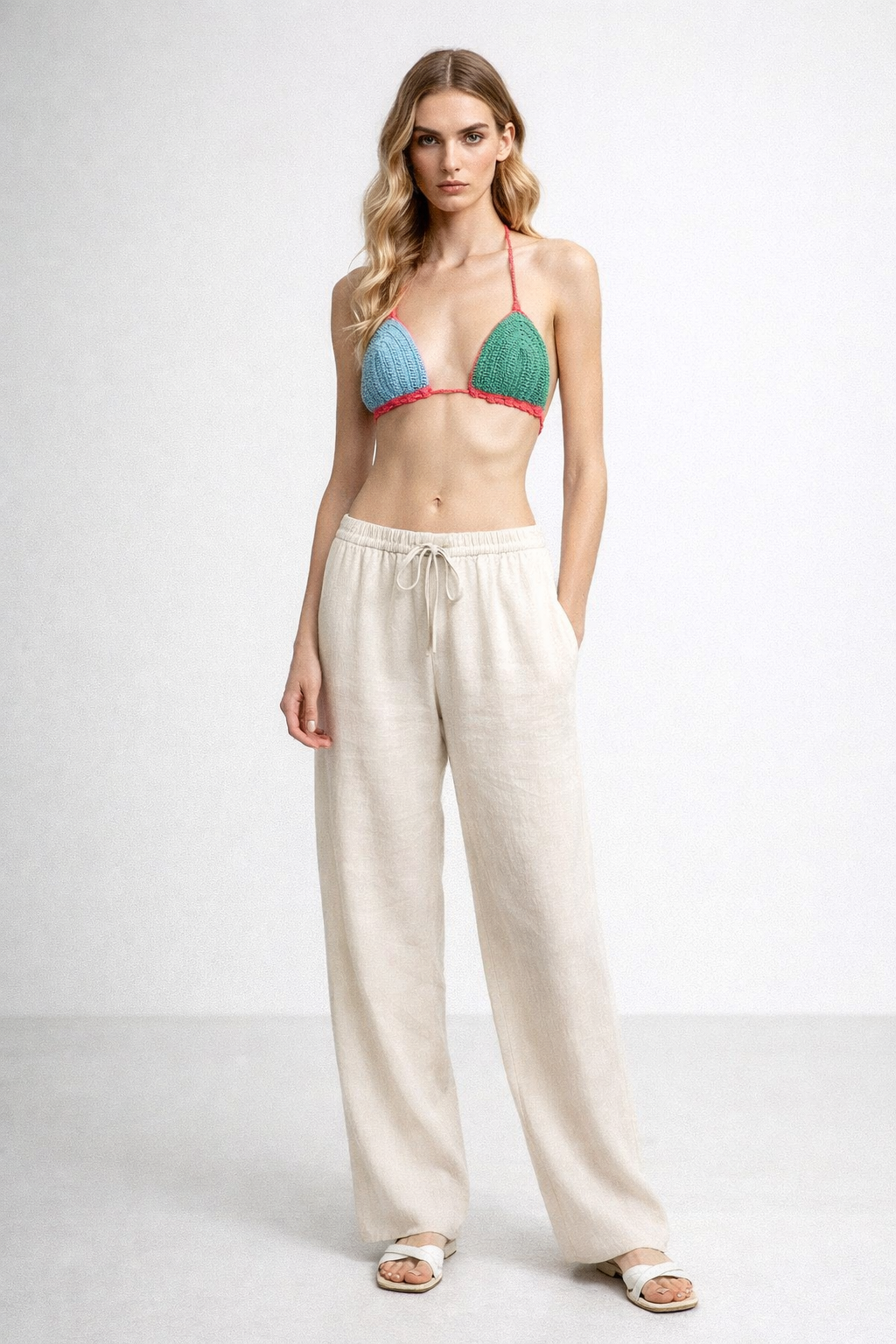 El Örgüsü Renk Bloklu Bikini Üstü