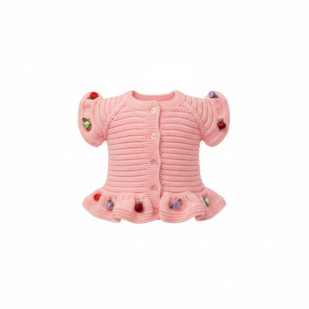 El Örgüsü Çiçekli Volanlı Bebek Hırkası