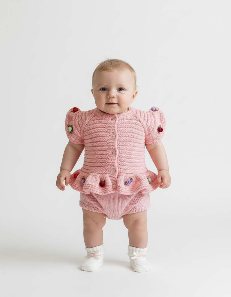 El Örgüsü Çiçekli Volanlı Bebek Hırkası