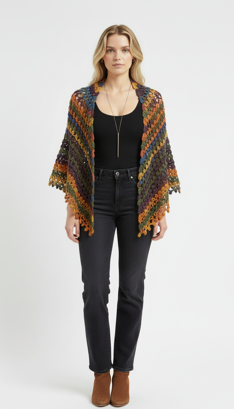 El Örgüsü Renkli Şal – Retro Bohem Desenli Triko Panço