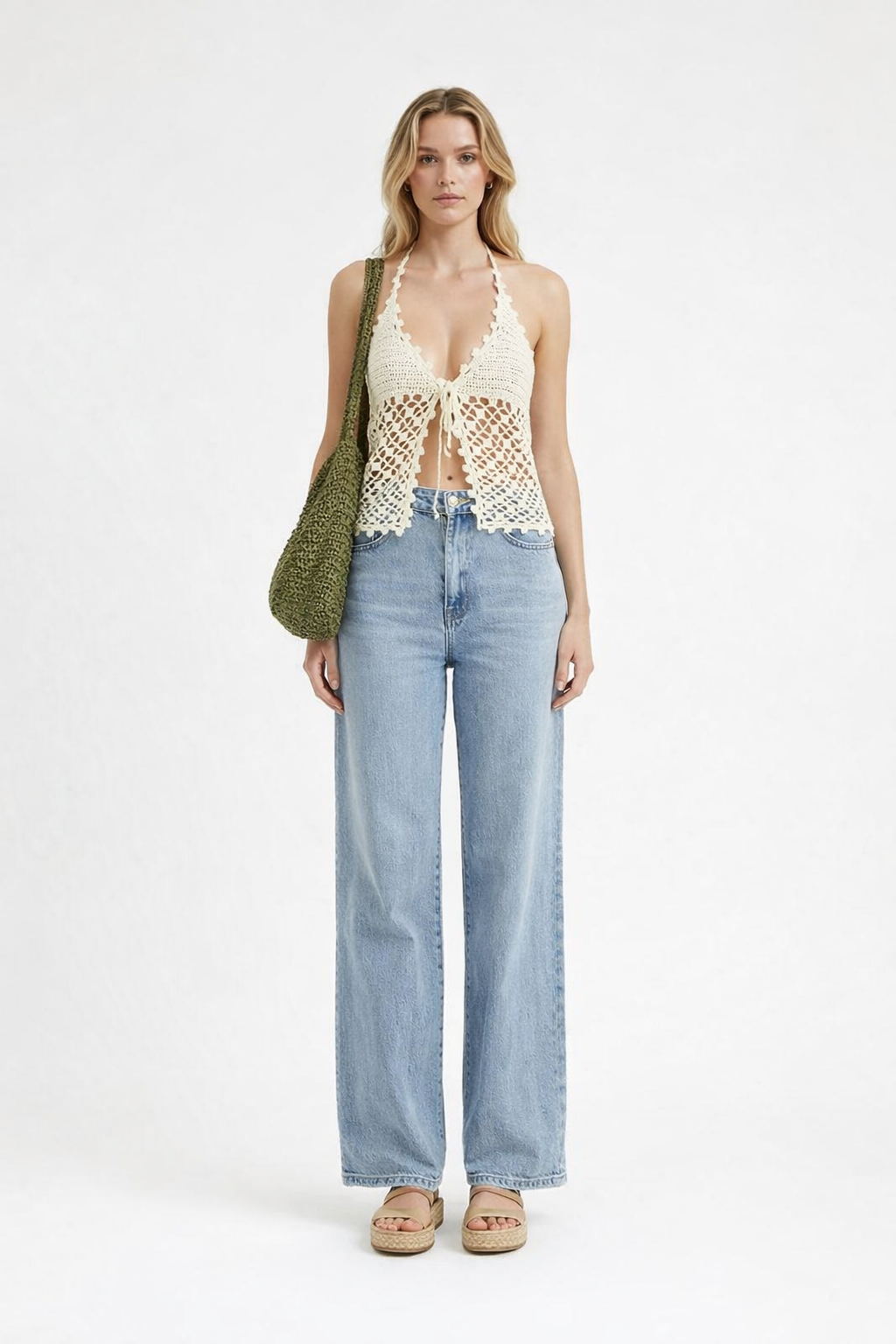 El Örgüsü File Detaylı Halter Yaka Büstiyer – Krem