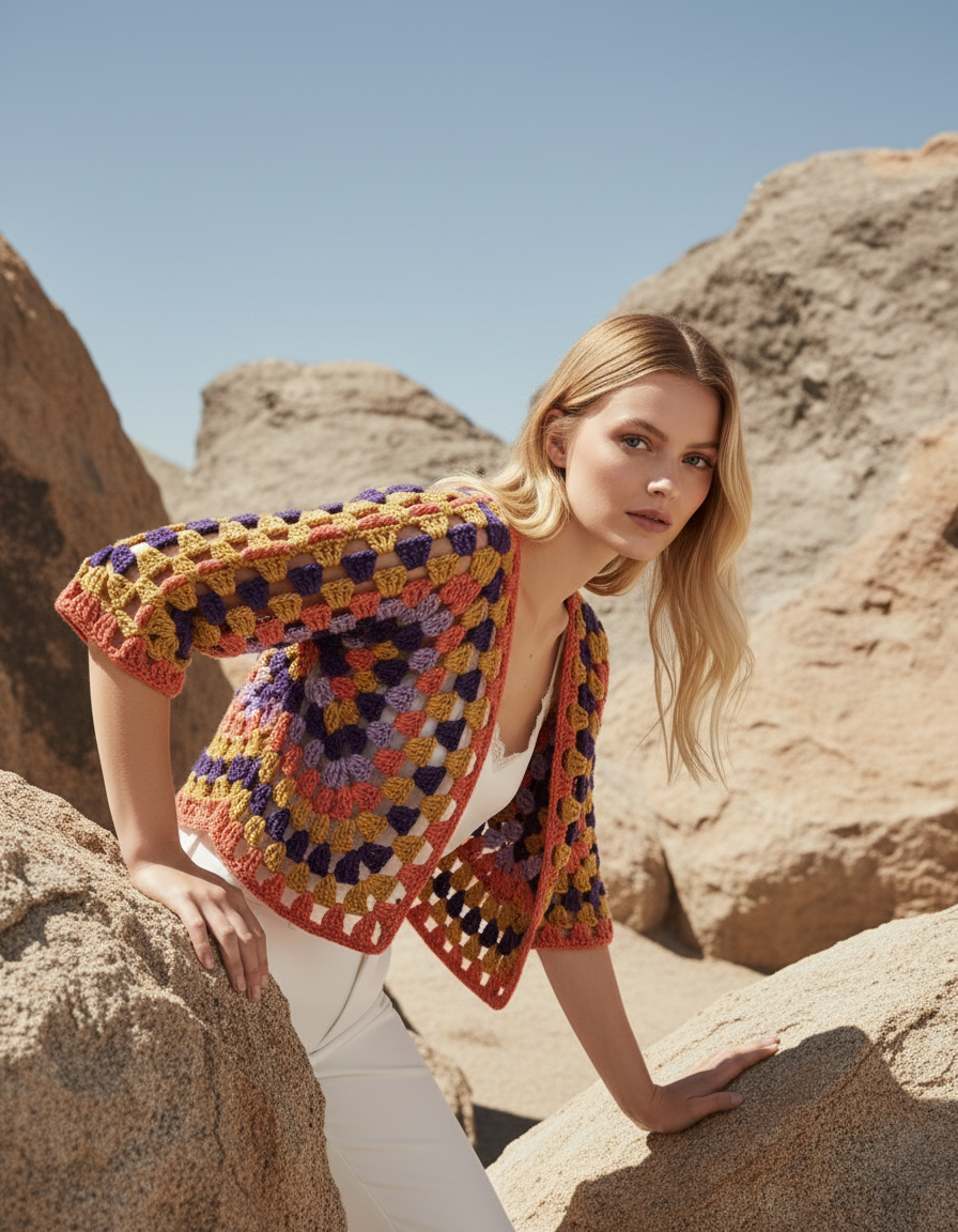 Retro Renkli El Örgüsü Crop Hırka