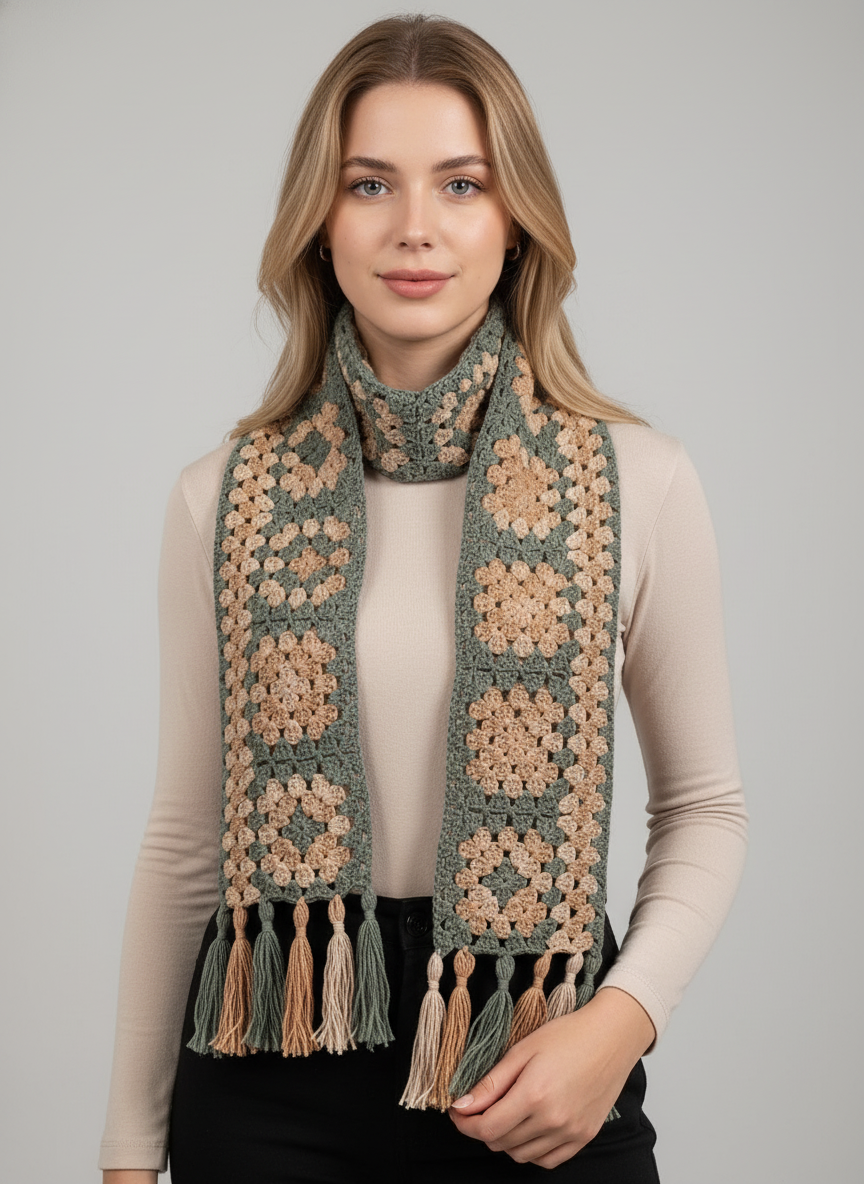 El Örgüsü Granny Kare Desenli Atkı – Boho Vintage Tarz Püsküllü