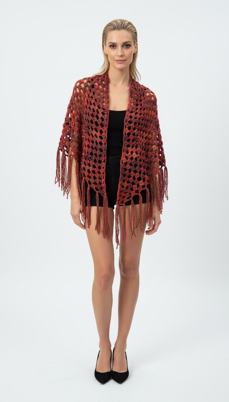 El Örgüsü Bordo Ajurlu Şal | Saçak Detaylı Özel Tasarım
