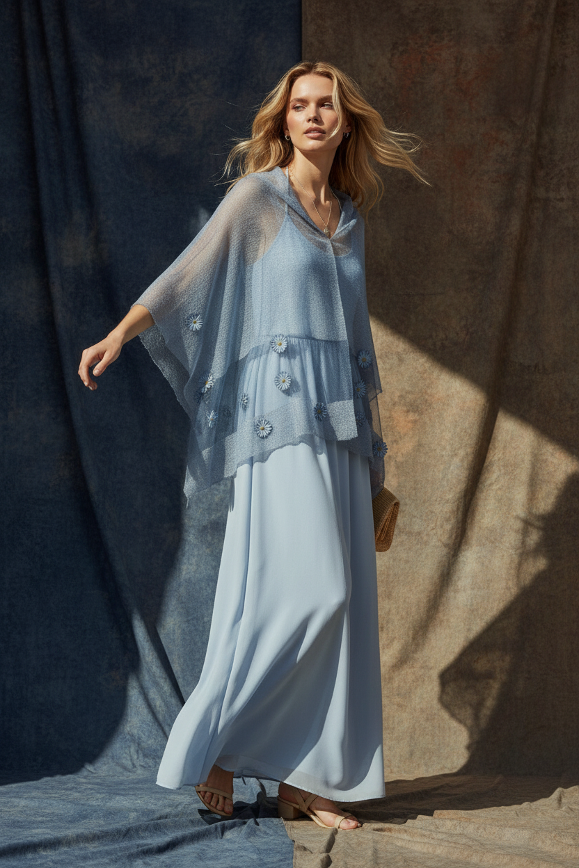 Mavi Şifon Şal – El İşlemeli Çiçek Detaylı Transparan Tasarım