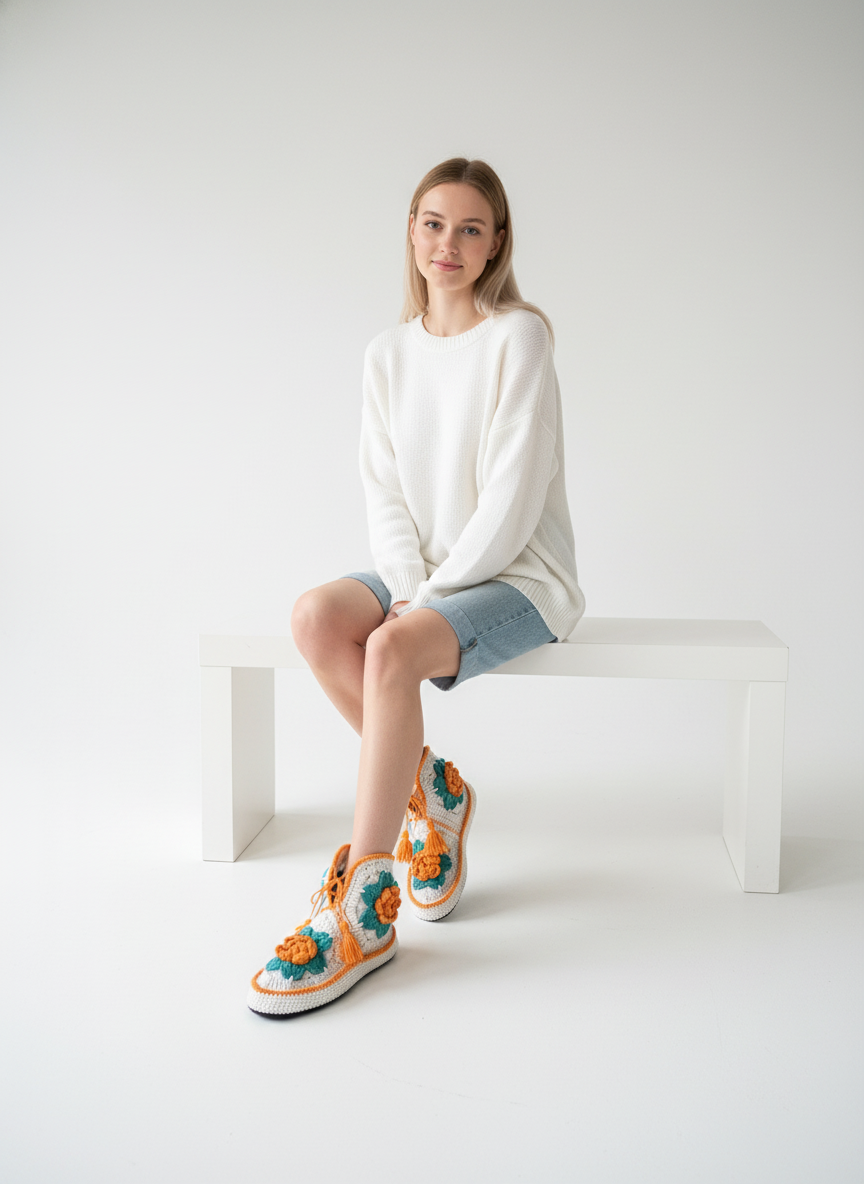 El Örgüsü Çiçekli Ev Botu | Turuncu & Yeşil