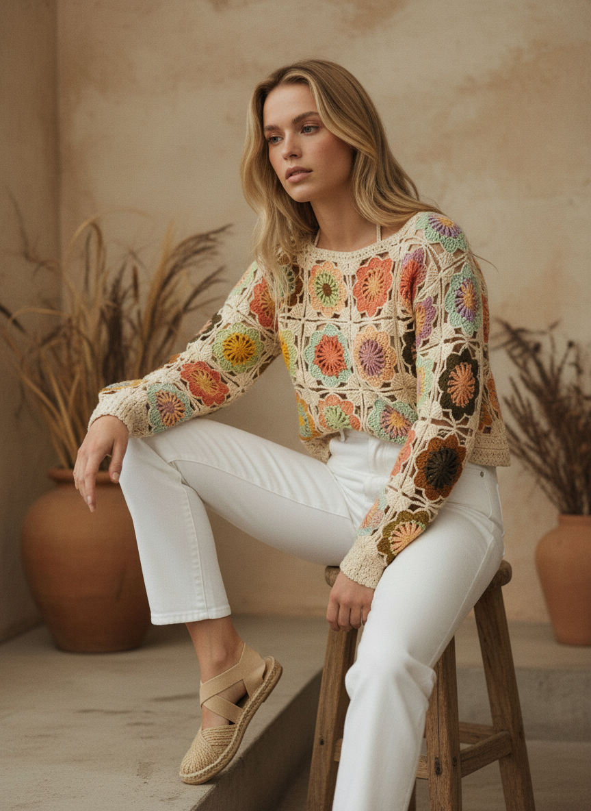 El Örgüsü Pastel Motifli Kazak – Krem Renkli Patchwork Bohem Model