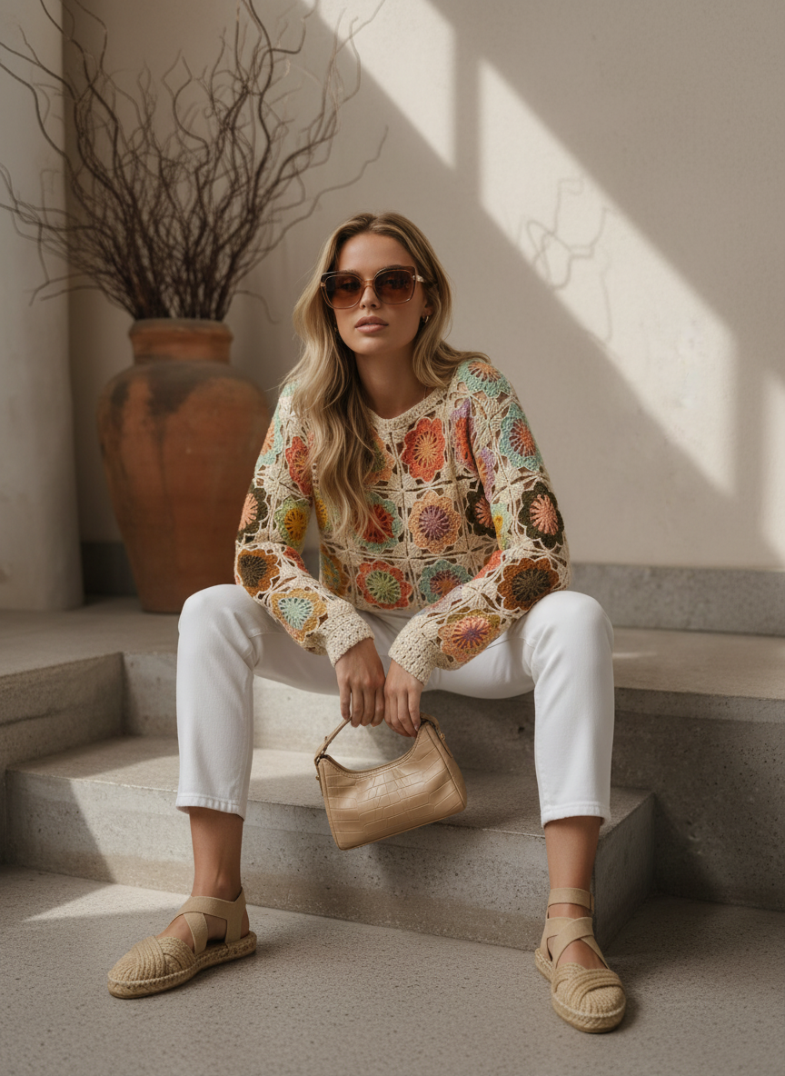 El Örgüsü Pastel Motifli Kazak – Krem Renkli Patchwork Bohem Model