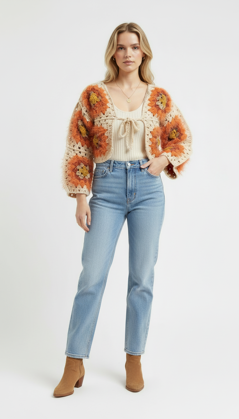 El Örgüsü Güneş Motifli Hırka – Krem Turuncu Bohem Crop Model