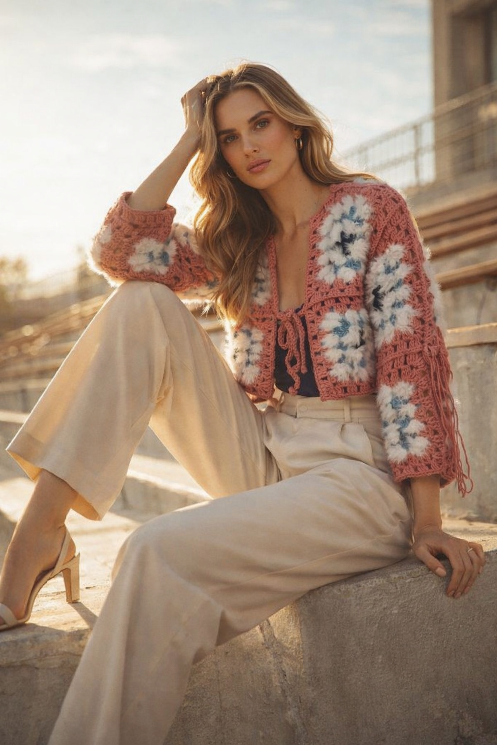 Peluş Çiçek Motifli El Örgüsü Kısa Hırka