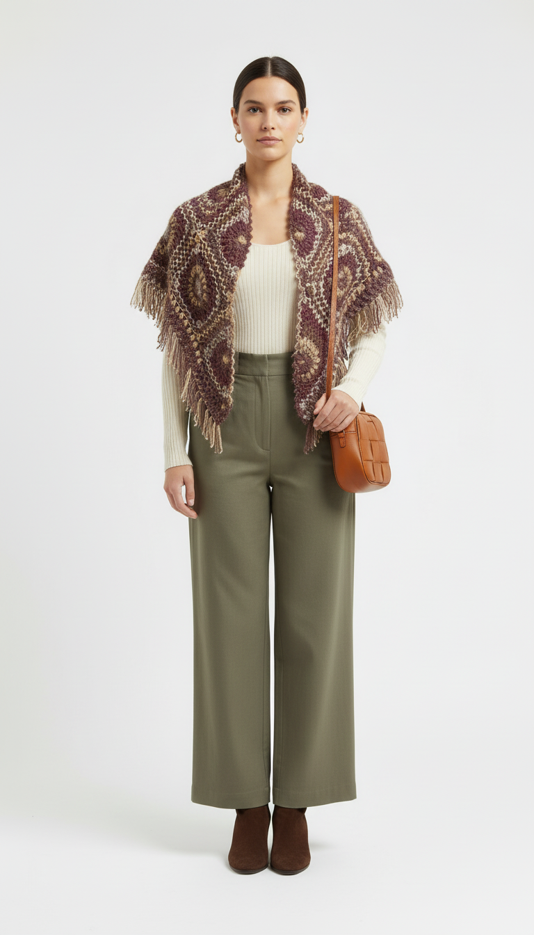 Parıltılı İple Örülmüş El Örgüsü Motifli Şal | Saçak Detaylı Tasarım