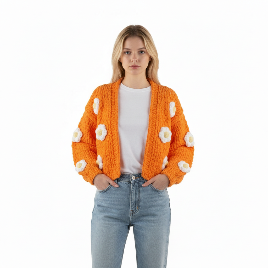 Turuncu El Örgüsü Papatya Desenli Crop Hırka