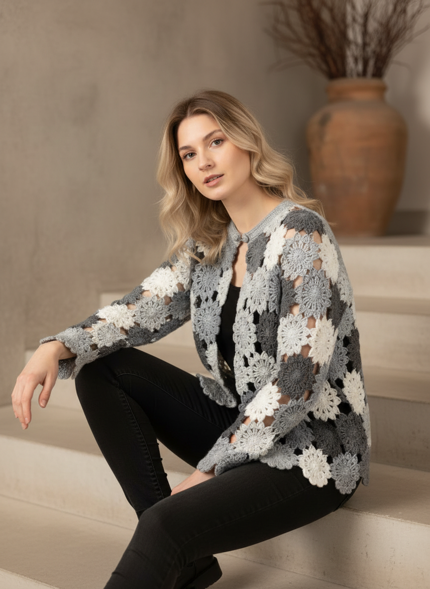 El Örgüsü Çiçek Motifli Hırka – Gri ve Krem Tonlarında Boho Model