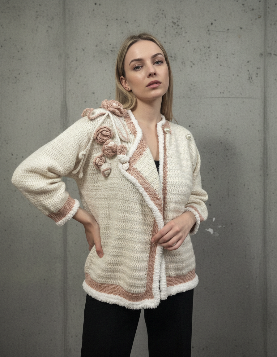 El Örgüsü İncili Çiçek Detaylı Krem Hırka – Romantik Vintage Stil