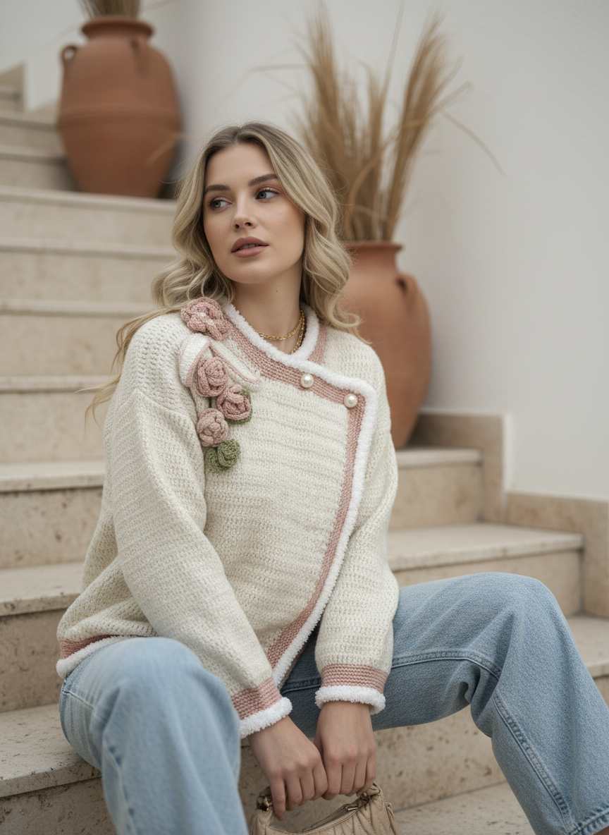 El Örgüsü İncili Çiçek Detaylı Krem Hırka – Romantik Vintage Stil