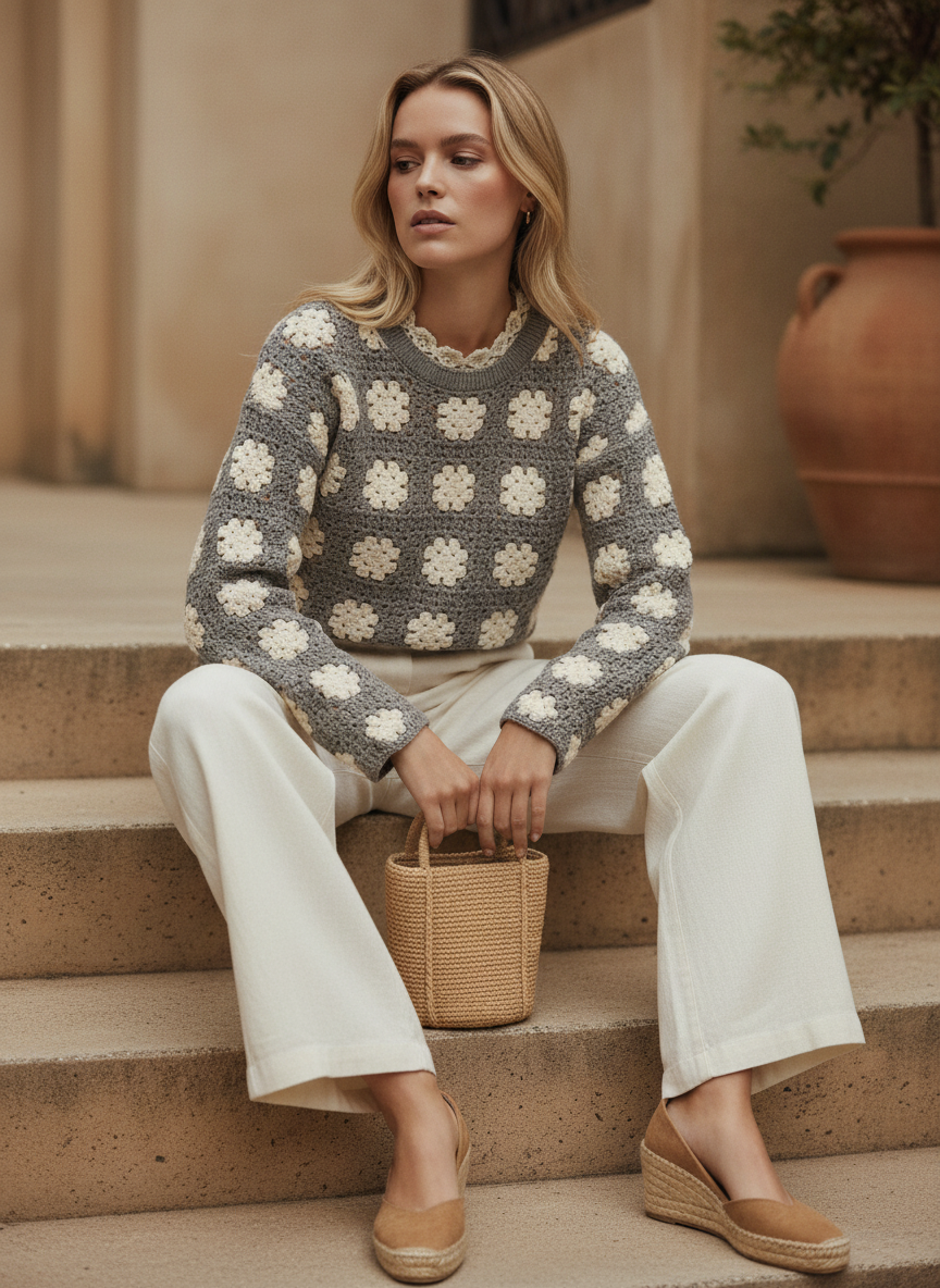 El Örgüsü Gri Granny Motifli Kazak