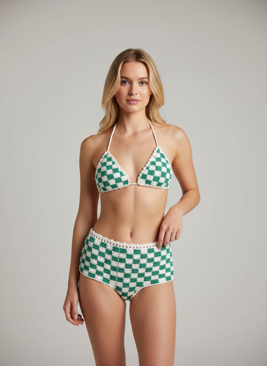 El Örgüsü Kare Desenli Bikini & Şort Takım