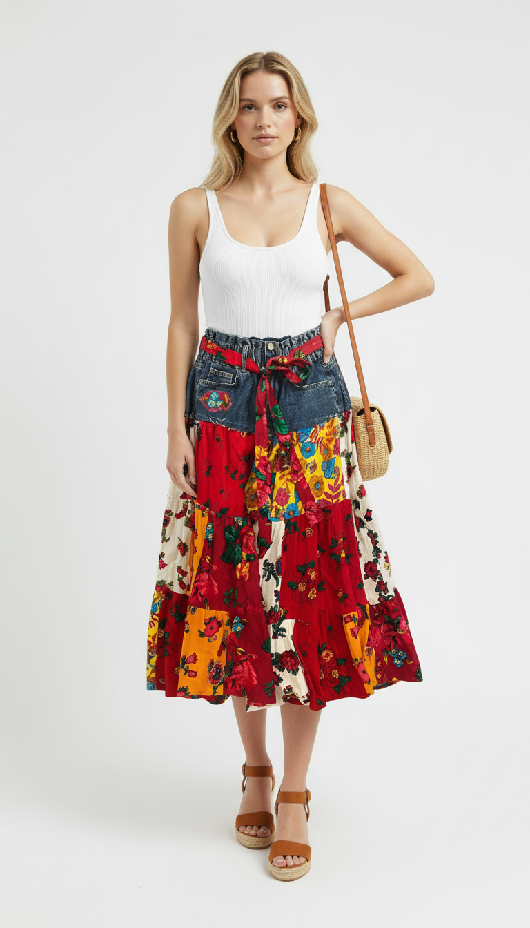 El Yapımı Patchwork Etek – Denim Bel Detaylı Bohem Tasarım