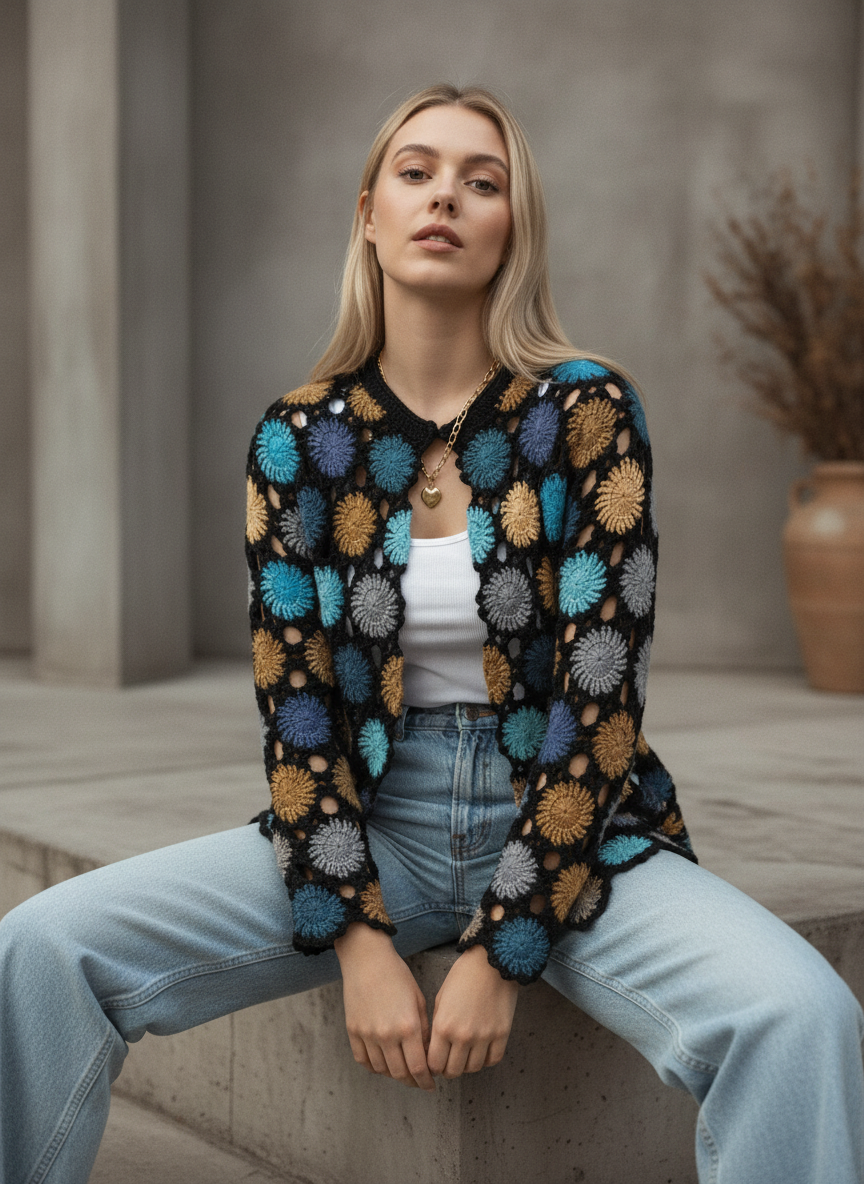 El Örgüsü Renkli Güneş Motifli Hırka