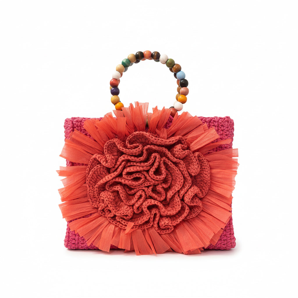 El Yapımı Çiçek Detaylı Hasır Çanta – Mercan Pembe | Zincir Askılı