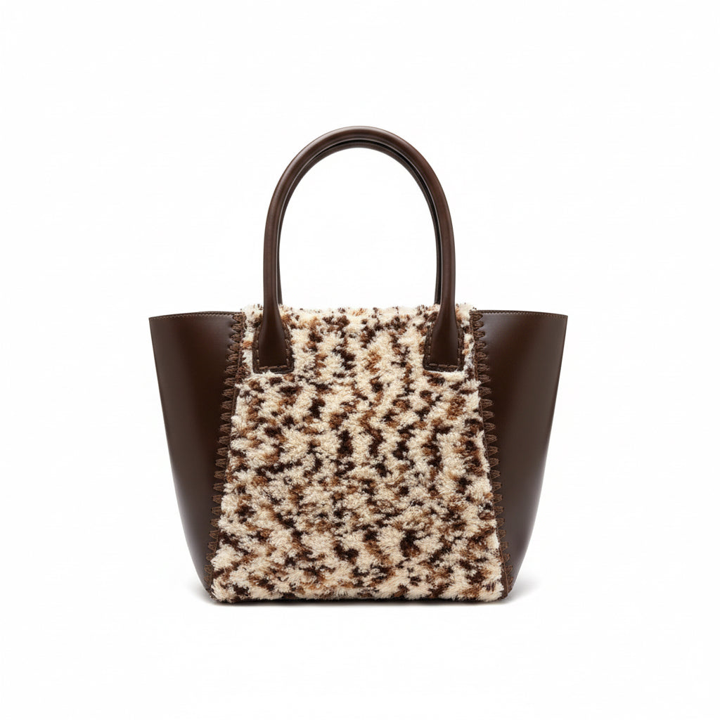 Orta Boy Peluş Kombinli El Çantası – Kahve & Krem