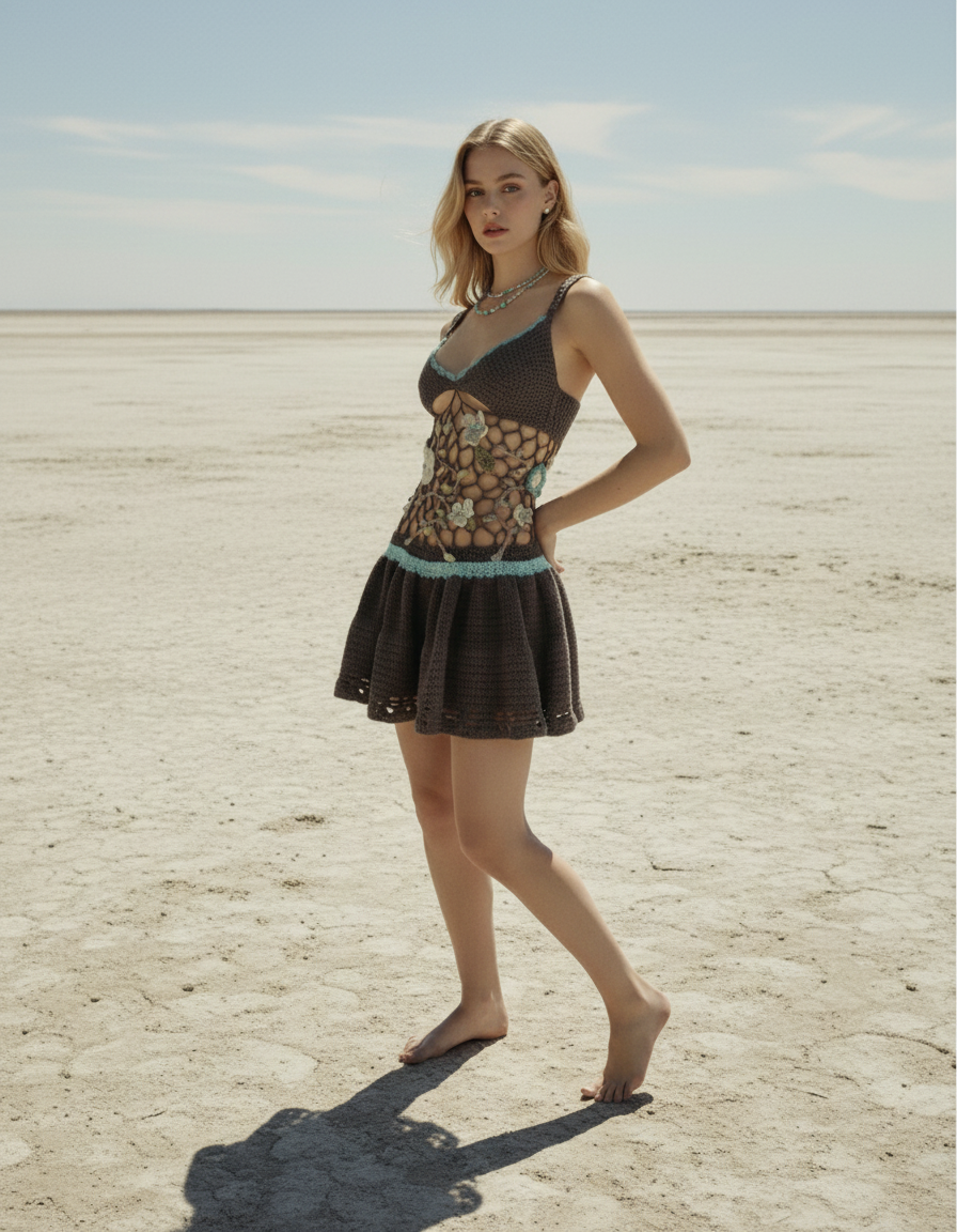 El Örgüsü File Detaylı Çiçekli Mini Elbise