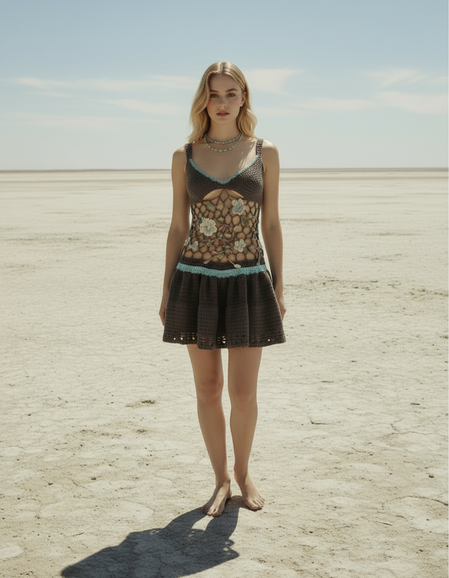 El Örgüsü File Detaylı Çiçekli Mini Elbise