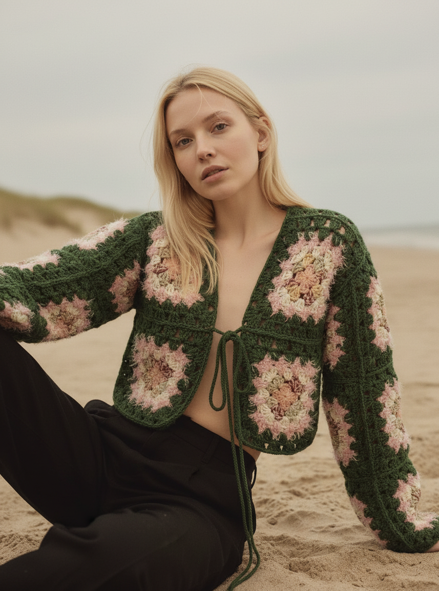 El Örgüsü Etnik Granny Kare Hırka