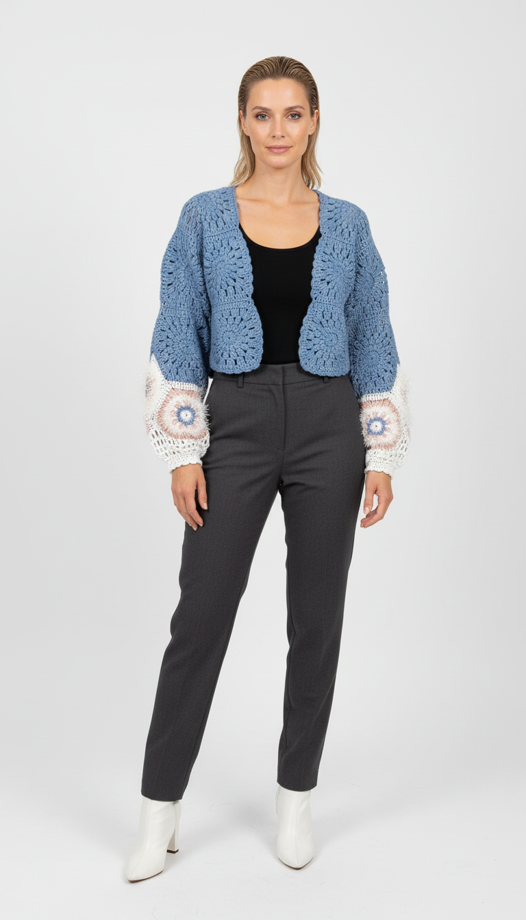 El Örgüsü Mavi  Hırka | Motif Detaylı Özel Tasarım