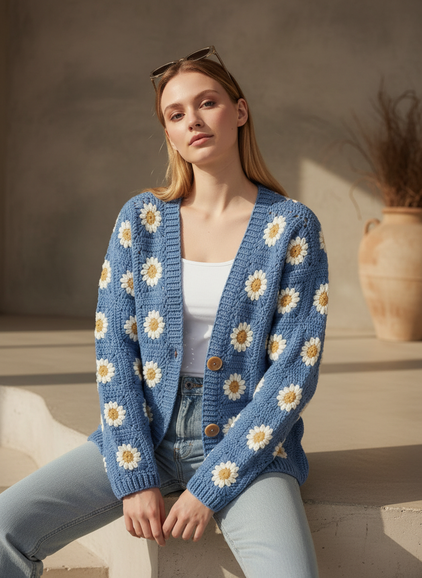 El Örgüsü Mavi Papatya Hırka – Vintage Boho Tarz