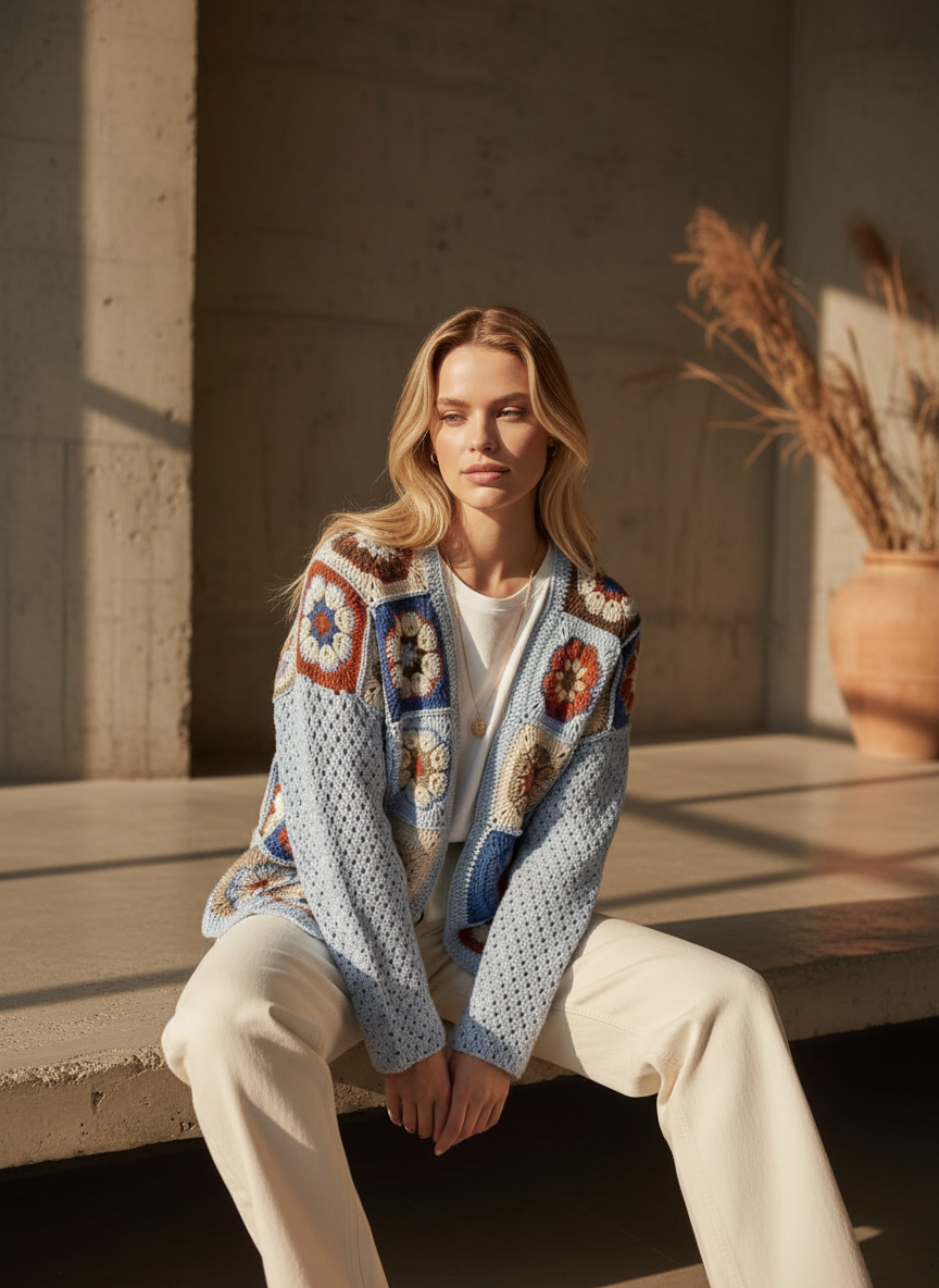 El Örgüsü Patchwork Hırka – Mavi Bej Retro Desenli