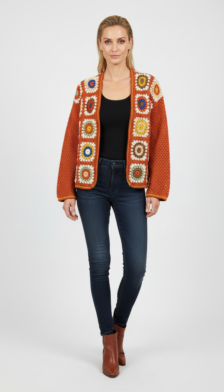 El Örgüsü Turuncu Motifli Hırka | Renkli Granny Kare Tasarım