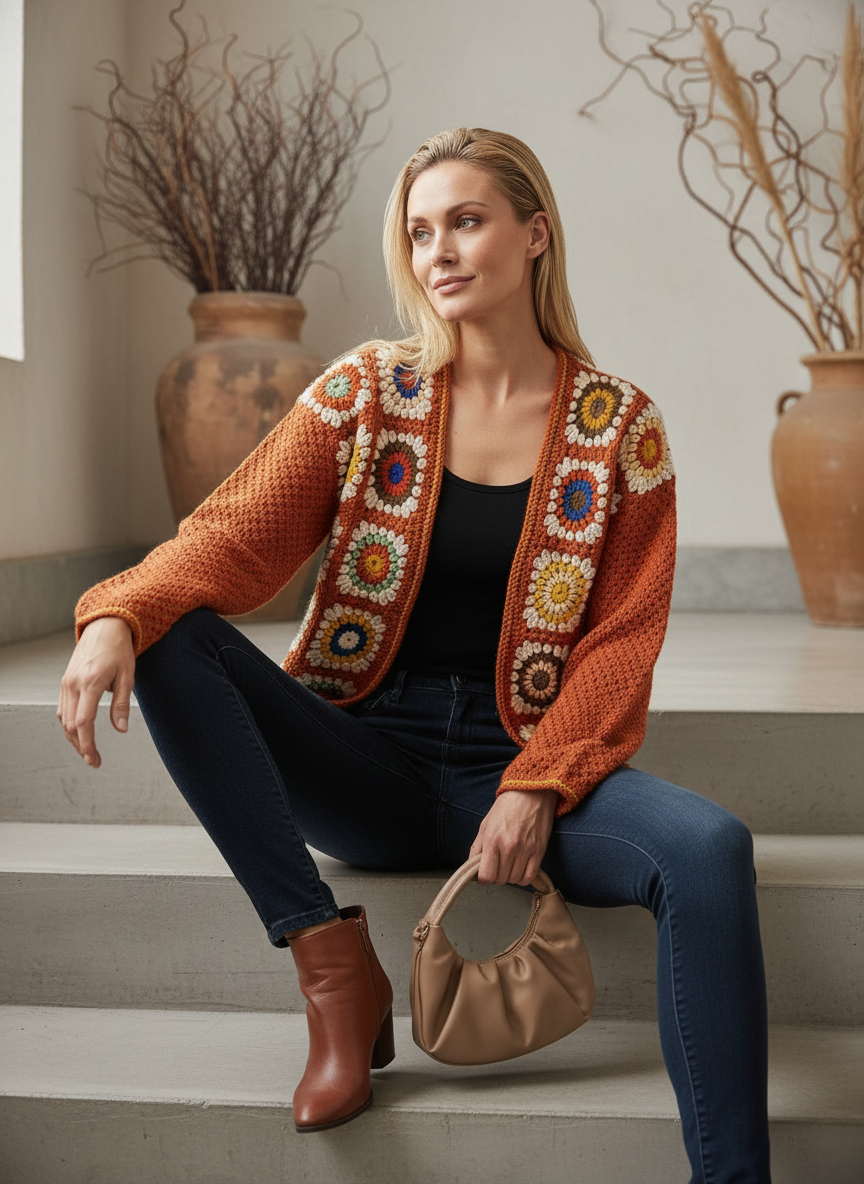 El Örgüsü Turuncu Motifli Hırka | Renkli Granny Kare Tasarım