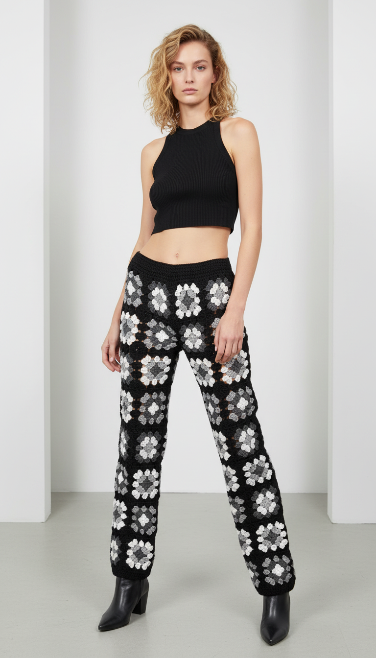 El Örgüsü Kare Motifli Pantolon – Siyah & Gri Tonları