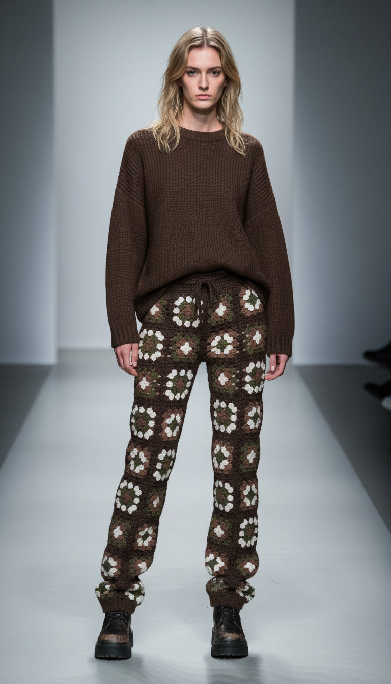 El Örgüsü Kare Motifli Pantolon – Kahve & Yeşil Tonları