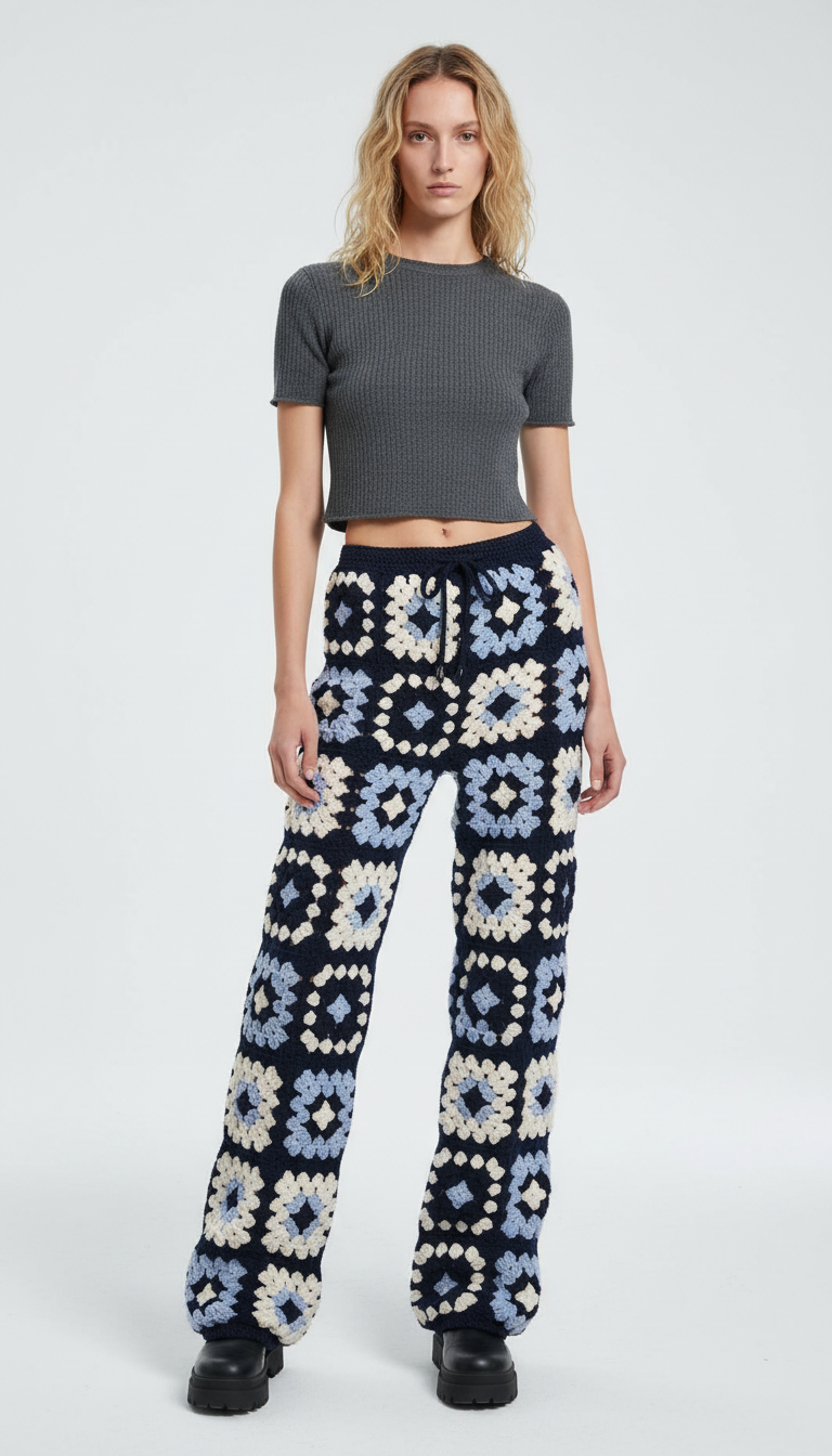 El Örgüsü Kare Motifli Pantolon – Lacivert & Mavi Tonları
