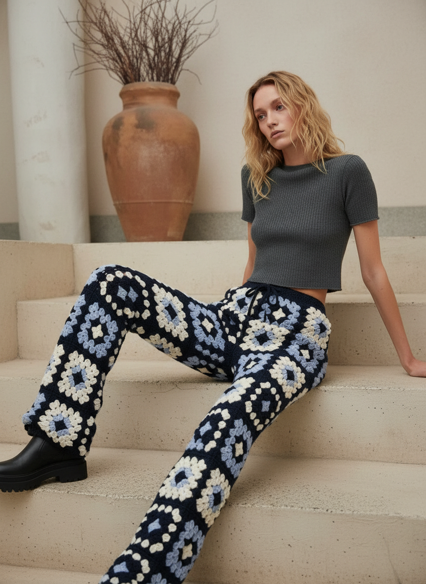 El Örgüsü Kare Motifli Pantolon – Lacivert & Mavi Tonları