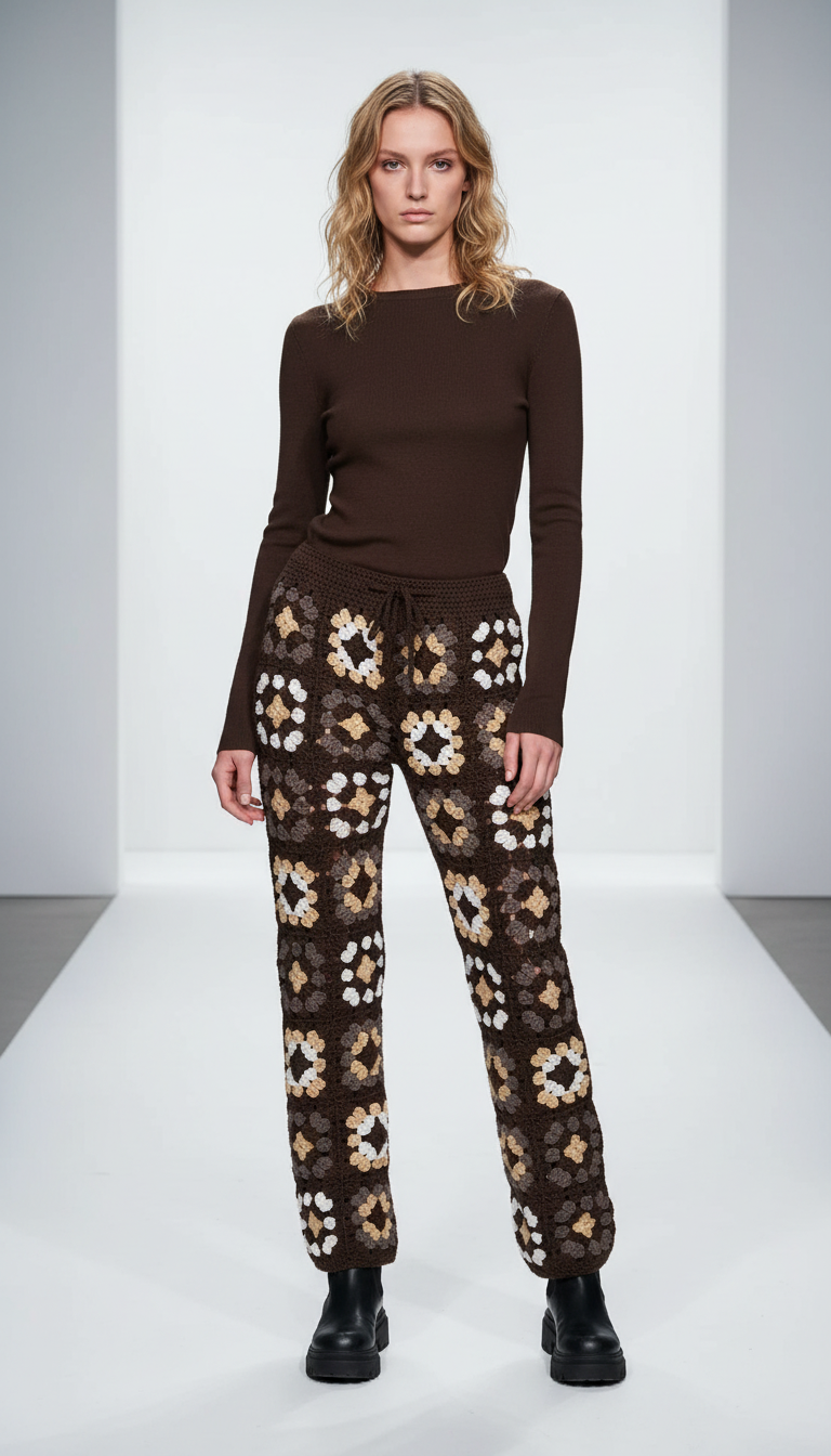 El Örgüsü Kare Motifli Pantolon – Kahve & Krem Tonları