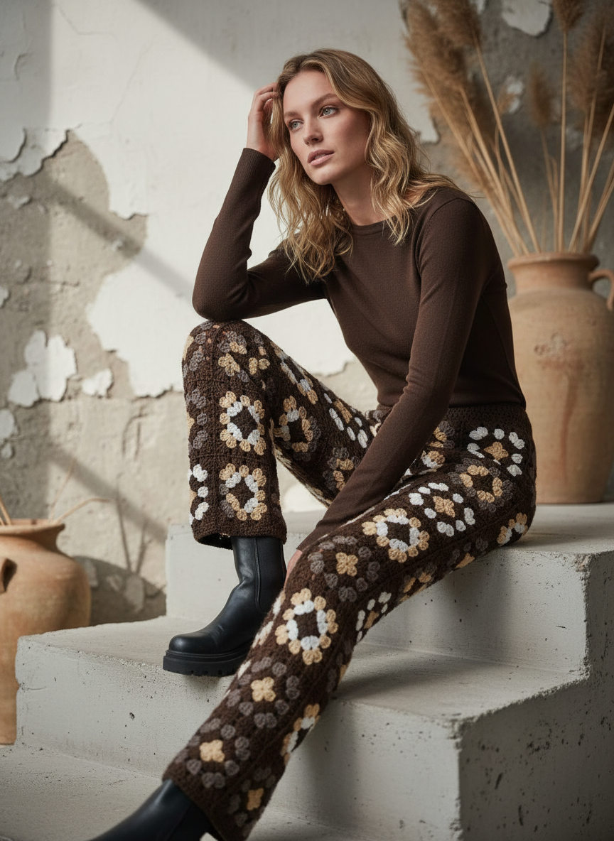 El Örgüsü Kare Motifli Pantolon – Kahve & Krem Tonları