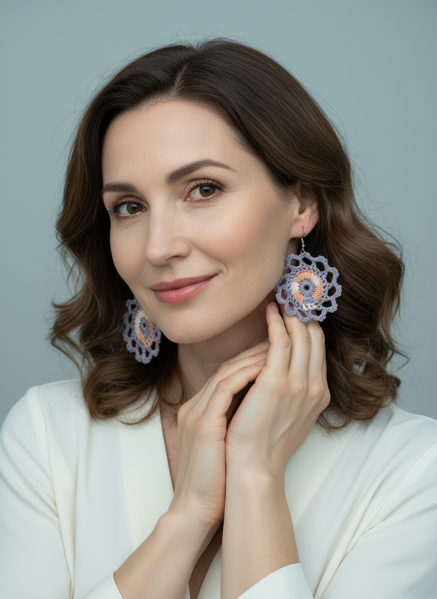 El Örgüsü Dantel Çiçek Küpe – Yuvarlak Crochet Küpe