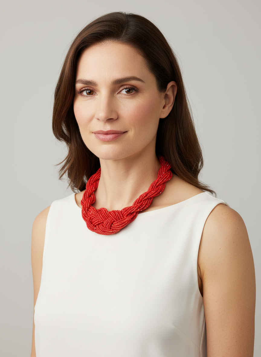 El Yapımı Kırmızı Boncuk Kolye – Çok Sıralı Statement Kolye