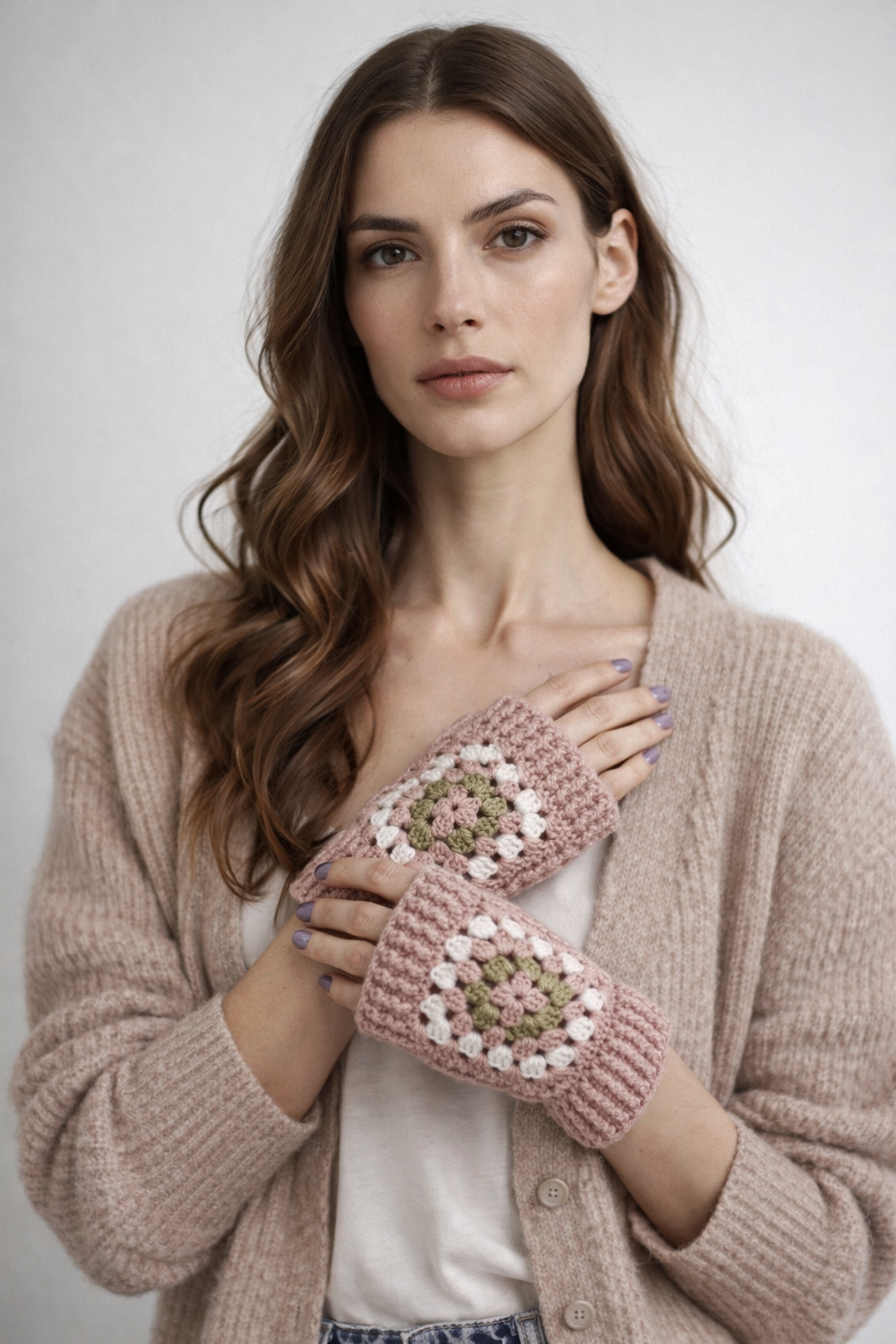 El Örgüsü Çiçek Motifli Parmaksız Eldiven