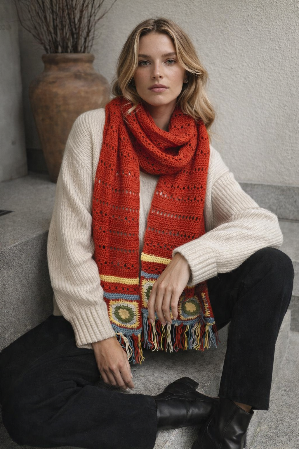 Motif Detaylı El Örgüsü Kırmızı Atkı