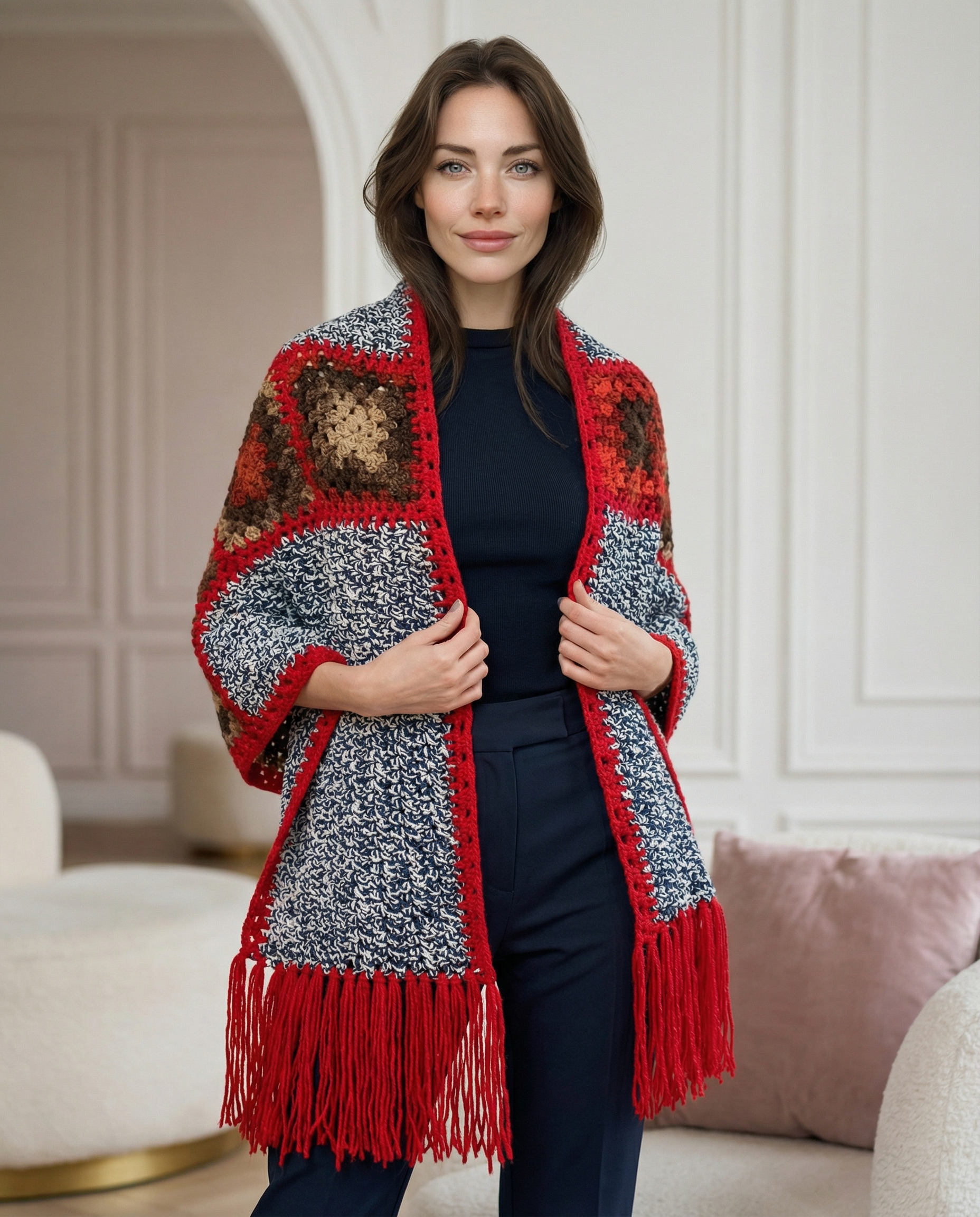 Granny Motifli El Örgüsü Bohem Şal -Kırmızı ve Gri renk