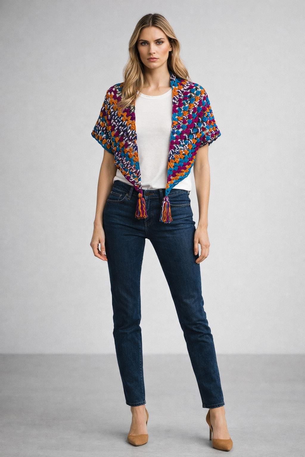 Renkli El Örgüsü Bohem Omuz Şalı