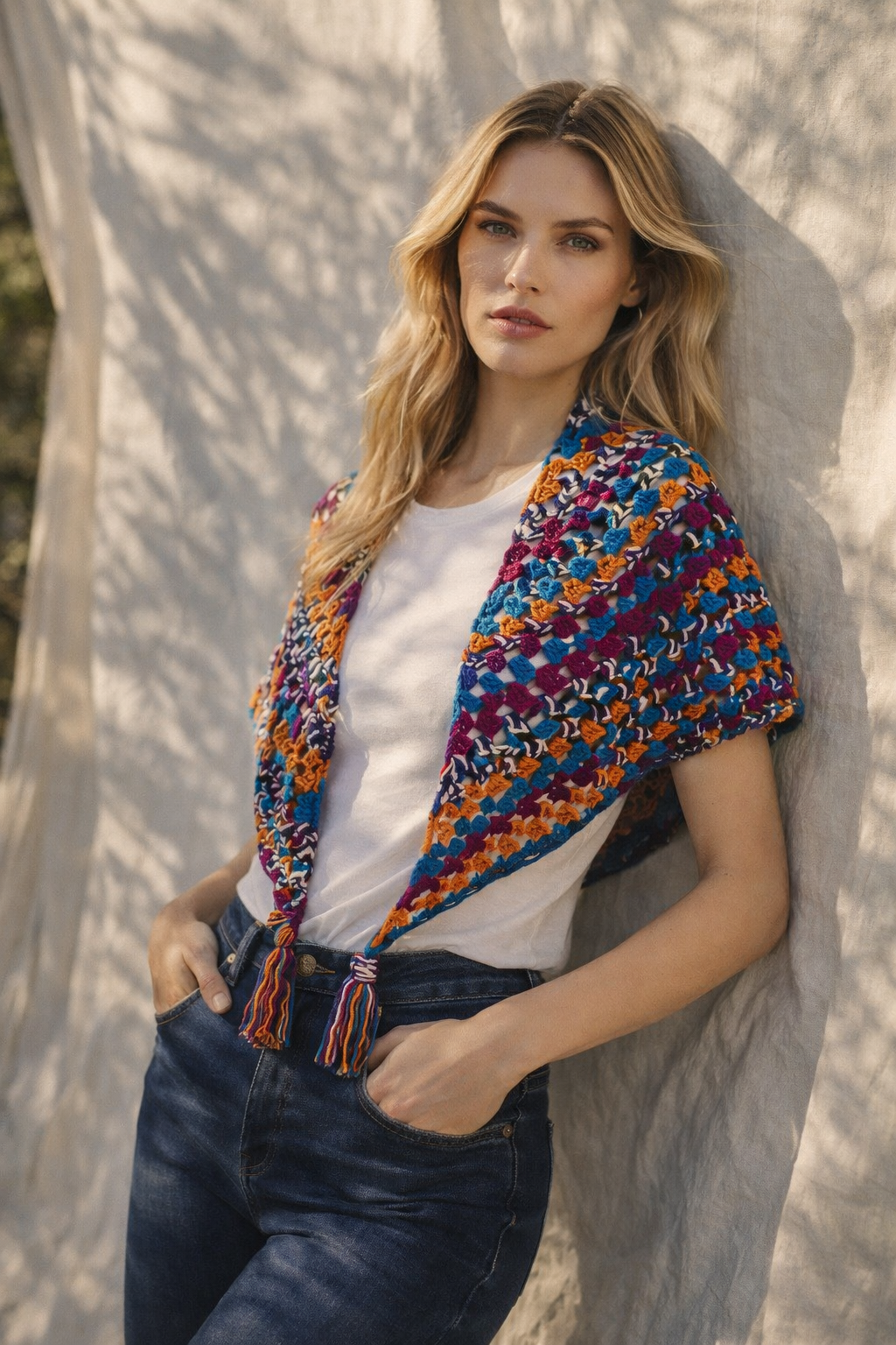 Renkli El Örgüsü Bohem Omuz Şalı